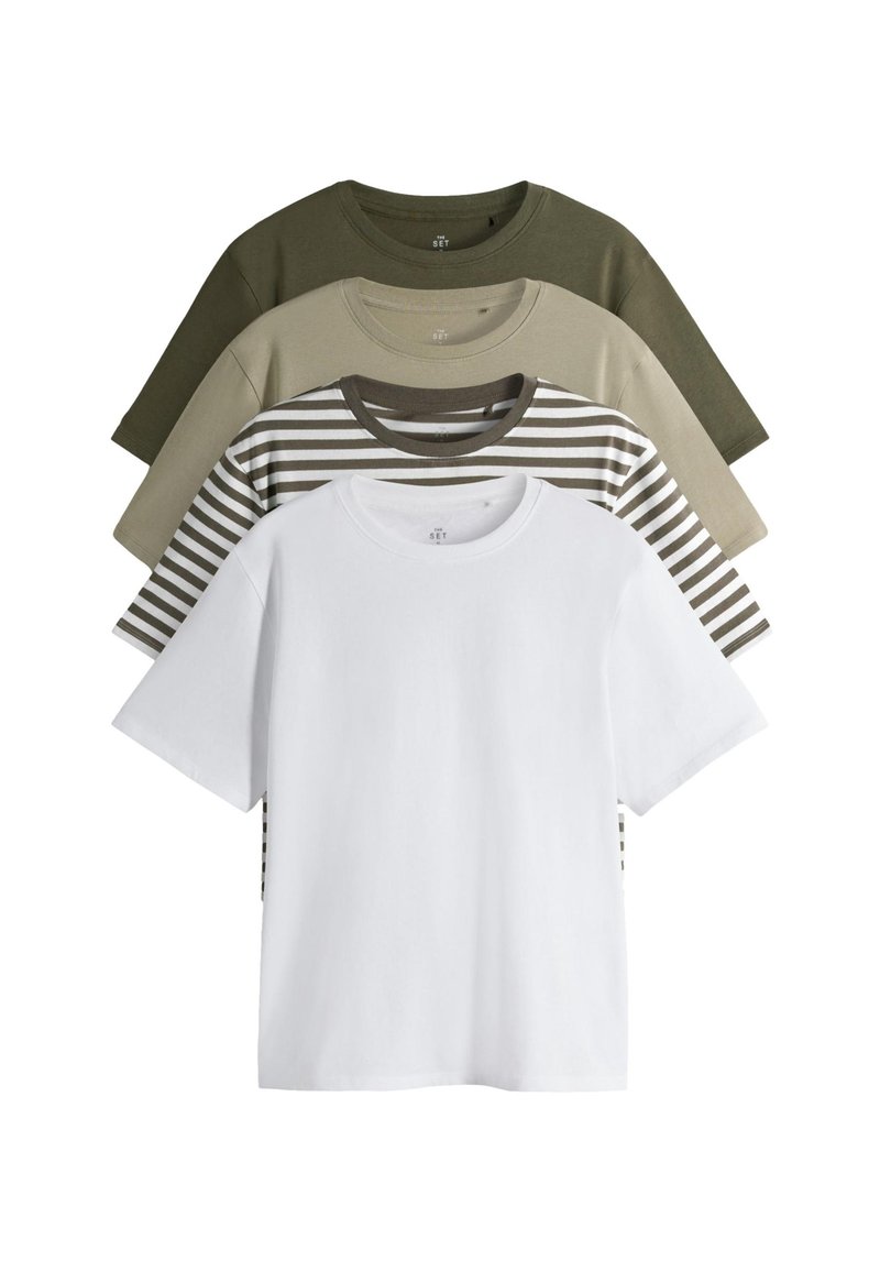 Ensemble de quatre t-shirts : couleurs comprennent vert olive, kaki, gris rayé et blanc. Matière en coton, manches courtes, col rond.
