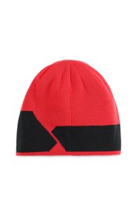 Rote Strickmütze mit einem schwarzen geometrischen Muster. Weicher Stoff, runde Oberseite und eine enganliegende Passform, die sich für kaltes Wetter eignet.