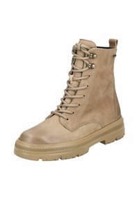 Stivali alla caviglia beige con lacci realizzati in camoscio, dotati di un colletto imbottito, suola in gomma con scanalature e occhielli metallici per i lacci.