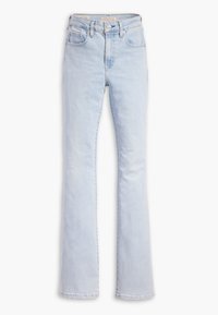 Světle modré džínové zvonové kalhoty s vysokým pasem, předním zapínáním na knoflík a pěti kapsami. Hladká textura s minimálním blednutím.