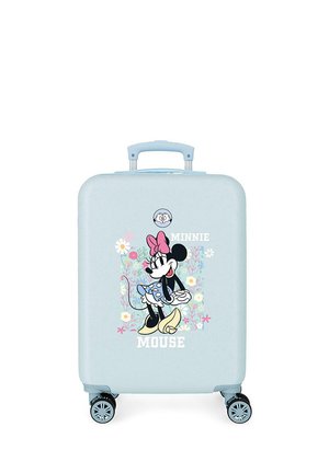 Maleta azul clara con cuatro ruedas, asa retráctil y gráfico de Minnie Mouse rodeado de flores y el texto "MINNIE MOUSE".