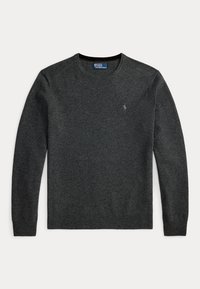 Mørkegrå langærmet rundhalset sweater med subtilt broderet logo på venstre bryst samt ribstrikkede manchetter og kant.