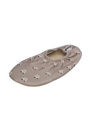 Soft fabric baby shoe with elastic opening, light brown with white car patterns, and a small tag on the side.