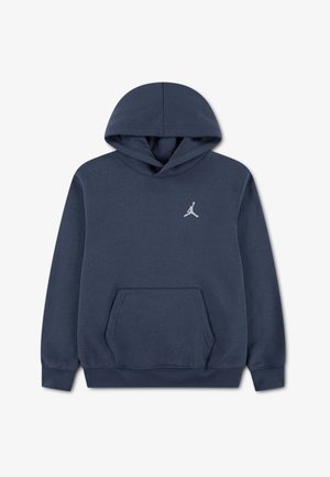Navy blue hoodie made of soft fabric, featuring a kangaroo pocket, ribbed cuffs, and a small white Jumpman logo on the chest.