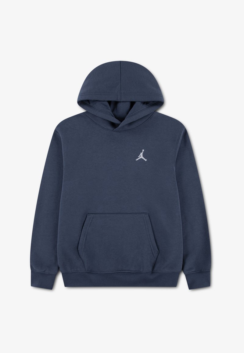 Marineblå hettegenser laget av mykt stoff, med kengurulomme, ribbestrikkede mansjetter og en liten hvit Jumpman-logo på brystet.