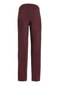 Bordeauxkleurige sportbroeken met een gladde textuur, voorzien van een hoge tailleband en zijzakken, ontworpen voor flexibiliteit en comfort.