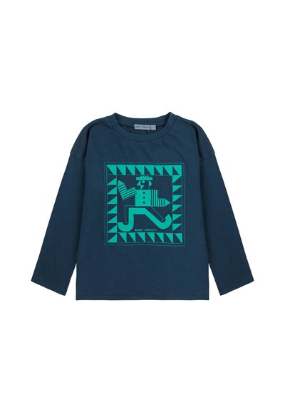 Mornarića majica dugih rukava od pamuka, s turkiznom grafikom stiliziranog lika unutar geometrijskog obruba s trokutastim akcentima.