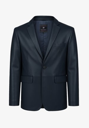 Mørkeblå imiteret læder blazer med enkelt knaplukning, klapkrave og to forlommer. Glat tekstur og skræddersyet pasform.