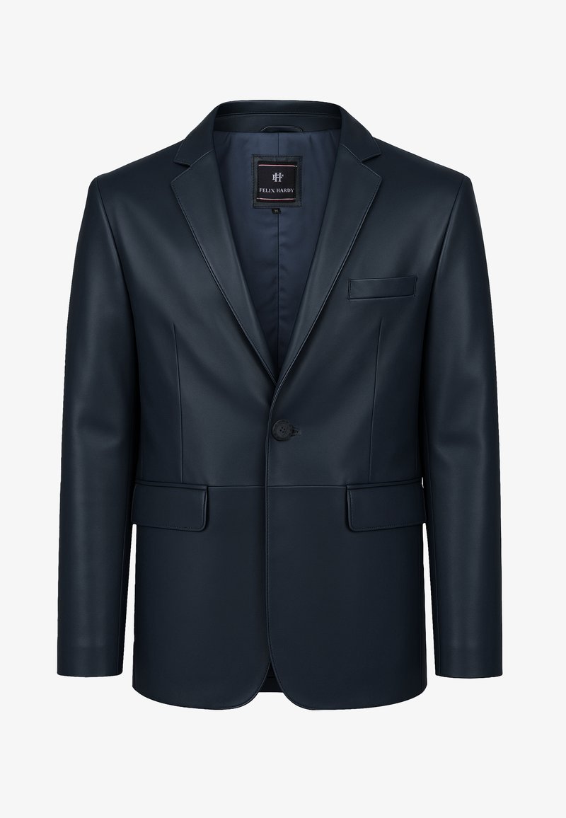 Navy blue faux leather blazer with single button closure, notch lapels, and two front pockets. Smooth texture and tailored fit.