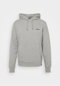 Felpa grigia in cotone con tasca frontale, cappuccio regolabile con cordini e logo "Dickies" nero sul petto. Presenta polsini e orlo a costine.