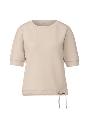 Beige t-shirt med kort ärm, rundad halsringning, justerbar dragsko i nederkanten och mjuk textur. Enkelt design, utan mönster.