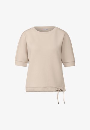 Sweatshirt beige à manches courtes avec un col rond, cordon de serrage ajustable à l'ourlet et texture lisse. Design simple, sans motifs.