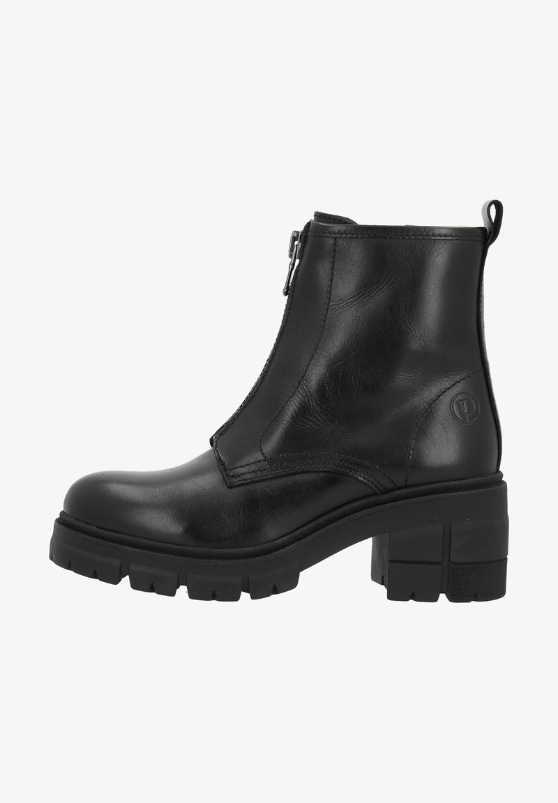 Bottine en cuir noir avec semelle épaisse, talon bloc, fermeture éclair latérale et languette au talon, vue de profil droit.