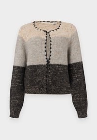 Πλεκτό μπουφάν σε μπεζ, γκρι και μαύρο. Διαθέτει στρογγυλή λαιμόκοψη, κλείσιμο με κουμπιά μπροστά και αντίθετες μαύρες λεπτομέρειες κατά μήκος της άκρης.