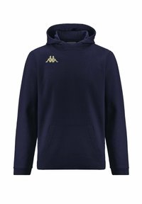 Felpa con cappuccio blu navy realizzata in tessuto morbido. Presenta una tasca a kangaroo e un logo Kappa dorato sul petto a sinistra.