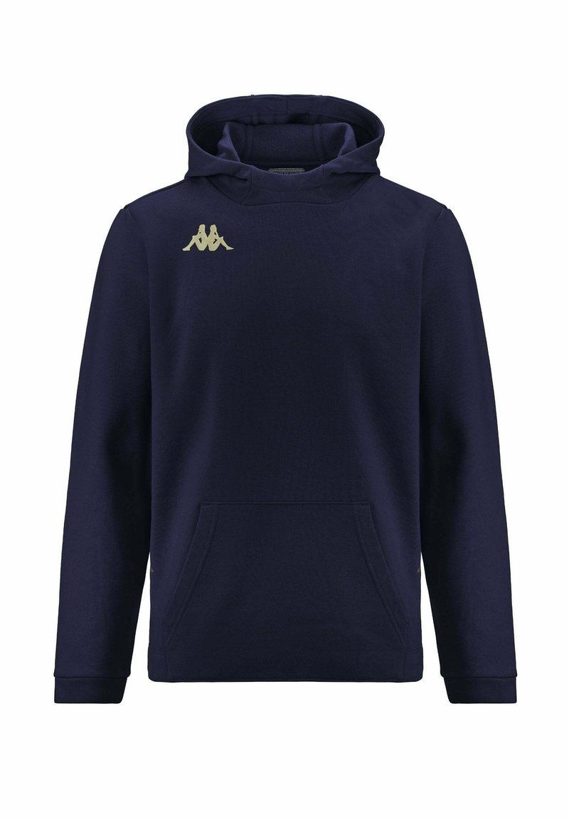 Felpa con cappuccio blu navy realizzata in tessuto morbido. Presenta una tasca a kangaroo e un logo Kappa dorato sul petto a sinistra.