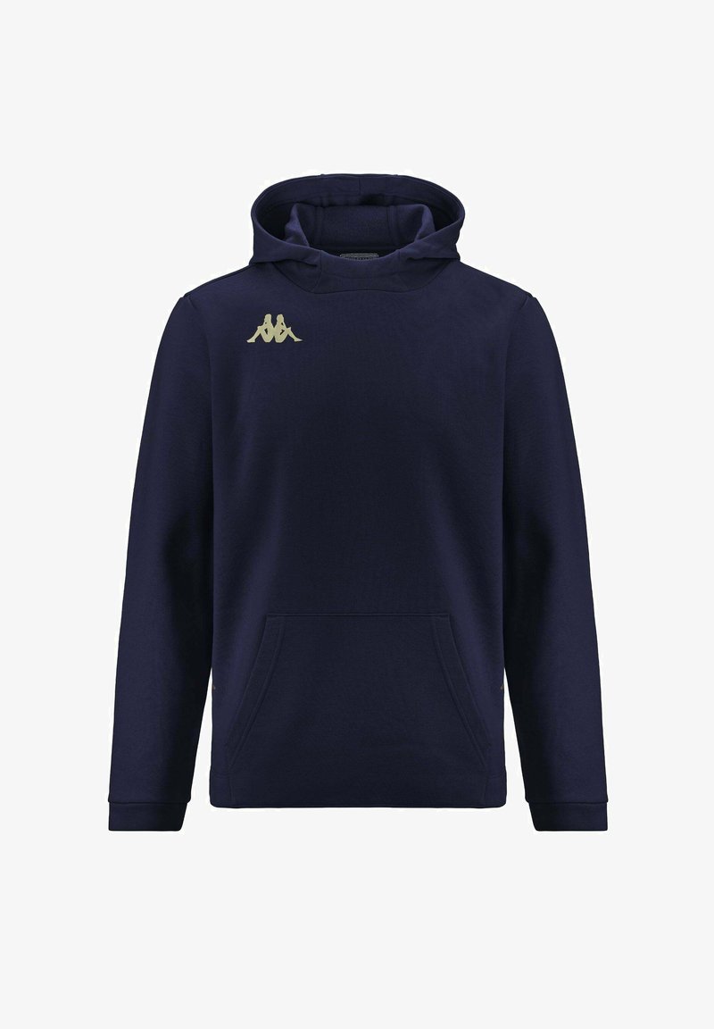 Felpa con cappuccio blu navy realizzata in tessuto morbido. Presenta una tasca a kangaroo e un logo Kappa dorato sul petto a sinistra.