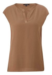 Haut marron à manches courtes avec un col rond et une légère découpe en V. Fabriqué en matériau lisse, offrant une coupe décontractée et un design minimaliste.