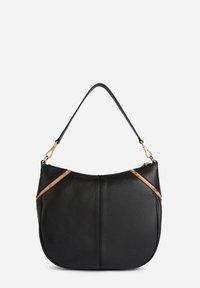 Borsa a mano in pelle nera con una forma curva, caratterizzata da una finitura testurizzata e accenti beige sulla parte superiore. Accessori in metallo dorato.