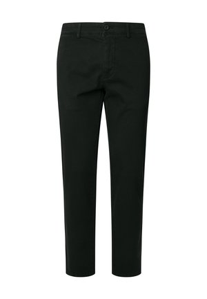 Schwarze Baumwollhose mit geradem Schnitt, mit einem vorderen Knopfverschluss, Gürtelschlaufen und Standardtaschen. Glatte Textur, ohne Muster.