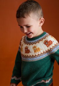 Adīta džemperis ar zaļu ķermeni un krēms krāsā jaku, rotātu ar krāsainiem dzīvnieku rakstiem. Ribots apkakle un aproces, teksturēta auduma.