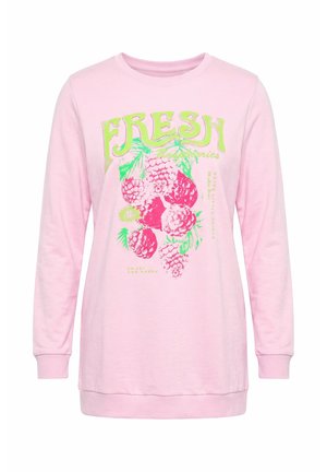 Roze sweatshirt met lange mouwen, voorzien van groene en roze besafbeeldingen en het woord "FRESH" in grote groene letters op de voorkant gedrukt.