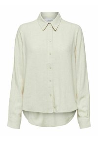 Camicia beige a maniche lunghe con colletto a punta, polsini e orlo leggermente curvo sul retro.