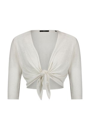 Witte cropped cardigan met driekwartmouwen, vastgeknoopt aan de voorkant, gemaakt van lichtgewicht gebreide stof.