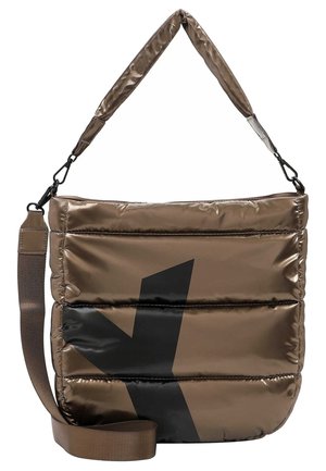 Braune gepolsterte Schultertasche mit schwarzem geometrischem Muster und abnehmbarem, verstellbarem Schultergurt vor weißem Hintergrund.