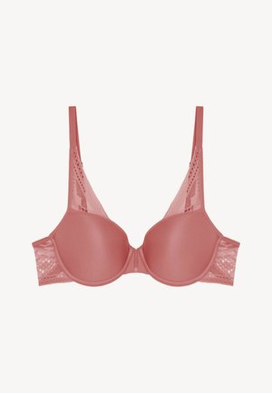 Underwire bra in rose pink, padded cups with lace trim, adjustable straps, and a smooth, matte finish. Signature detailing on sides.