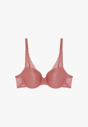 Underwire bra in rose pink, padded cups with lace trim, adjustable straps, and a smooth, matte finish. Signature detailing on sides.