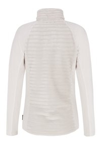 Veste beige clair à manches longues avec des rainures horizontales texturées dans le dos et un col haut, vue de dos.