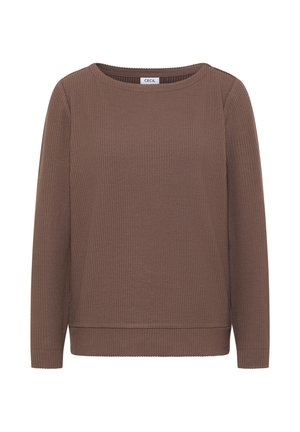 Hnědý žebrovaný svetr s dlouhými rukávy, kulatým výstřihem a rovný střihem. Měkká textura a jednoduchý design s jemným detailem lemu.