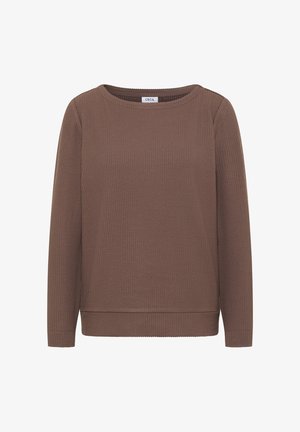 Ruskea ribbineulottu neulepitkähihaisilla, pyöreällä pääntiellä ja suoralla istuvuudella. Pehmeä tekstuuri ja yksinkertainen muotoilu, jossa hienovarainen helmareuna.