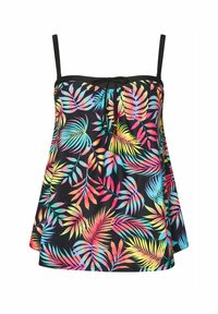 Canotta multicolore con un vivace motivo di foglie tropicali su sfondo nero, con spalline regolabili e una vestibilità ampia.