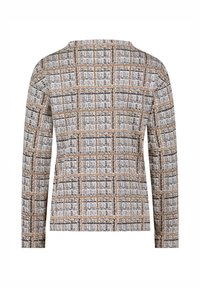 Langsleeve top met een gestructureerde stof in een ruitpatroon in zwart, wit en bruintinten. Ronde halslijn en een rechte zoom.