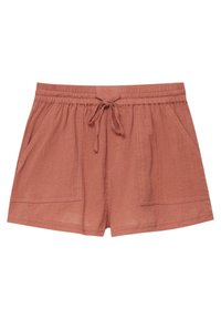 Roestkleurige shorts van lichtgewicht stof, met een trekkoord in de taille en twee voorkussens. De textuur lijkt zacht en ademend.