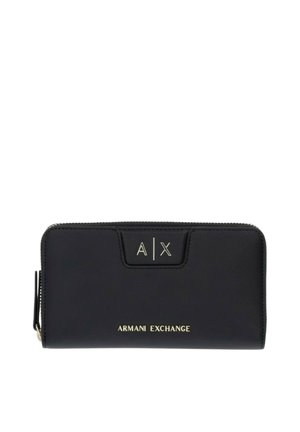 Portafoglio nero con cerniera su tutto il perimetro, logo Armani Exchange dorato e iniziali A|X al centro davanti.