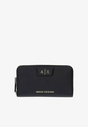 Portafoglio nero con cerniera su tutto il perimetro, logo Armani Exchange dorato e iniziali A|X al centro davanti.