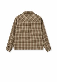 Beige kockás flaneling barna és fekete mintákkal, amely gallérral, hosszú ujjakkal és egyenes szegéllyel rendelkezik.