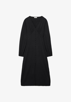 Zwarte midi-jurk met lange mouwen en V-hals, knopen aan de voorkant bekleed met stof, geraffineerde bust, en een lichte split aan de voorkant van de zoom.