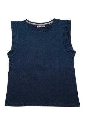 Granatowy, bezrękawnik bawełniany z delikatnym poziomym prążkowaniem i okrągłym dekoltem, oznaczony jako rozmiar medium przez markę Elbsand.