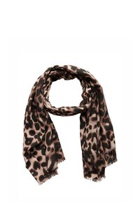 Leopardmönstrad scarf i mjukt, lätt tyg i nyanser av beige och brun, med fransar längs kanterna.
