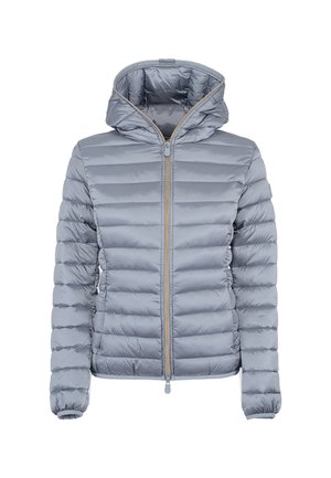 Giacca a vento grigia chiara con cappuccio, dotata di sezioni trapuntate, chiusura frontale con zip e polsini elasticizzati per una vestibilità aderente.