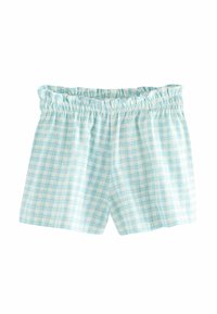 Hellblaue karierte Shorts mit einem elastischen Bund. Hergestellt aus einem weichen Stoff, der ein Rautenmuster in verschiedenen Blau- und Weißtönen aufweist.