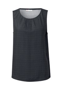 Bezramenný top v tmavě námořnické modři s jemným geometrickým vzorem. Tkanina má hladkou texturu a nashromážděný detail na výstřihu.