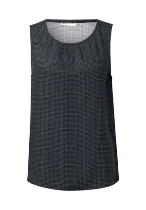Sleeveless top in dark navy with a subtle geometric pattern. Fabric features a smooth texture and gathered detail at the neckline.
