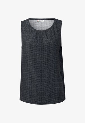 Ärmlös topp i mörk marinblå med ett subtilt geometriskt mönster. Tyget har en mjuk textur och rynkade detaljer vid halsringningen.