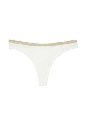 Weiße Tanga-Unterwäsche mit einem glitzernden goldfarbenen Bund. Hergestellt aus weichem Material mit einem einfachen, minimalistischen Design ohne Muster.