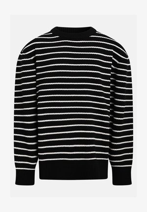 Maglione nero girocollo con strisce orizzontali bianche dalla texture a corda, polsini e orlo a coste.